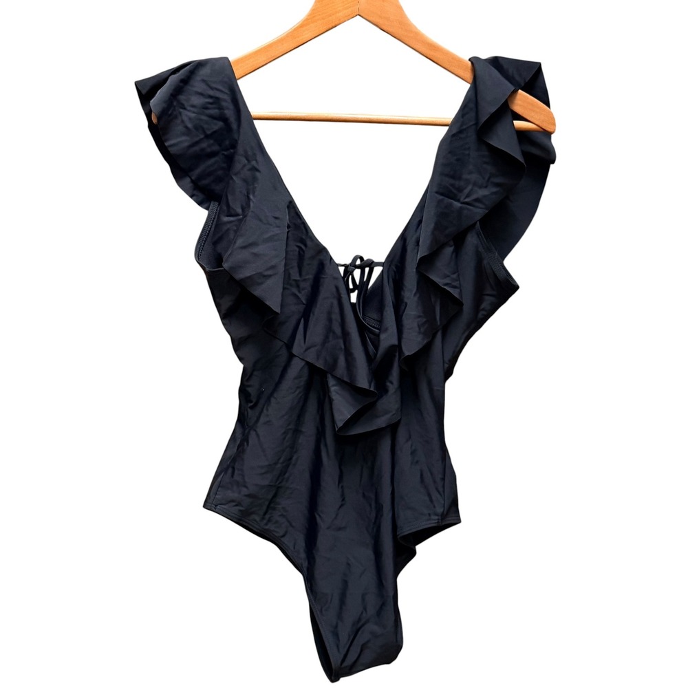 Sportlike Swimsuit Women M Black Ruffle‎ V-Neck Lace Up Back Beachwear Chic